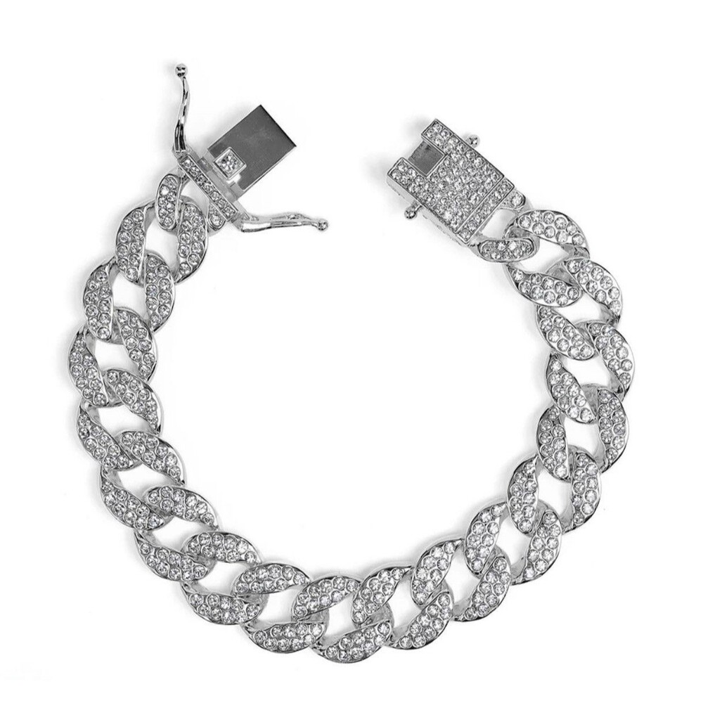 Men's Iced out Cuban Link Bracelet Silver Tone Australian Crystal.